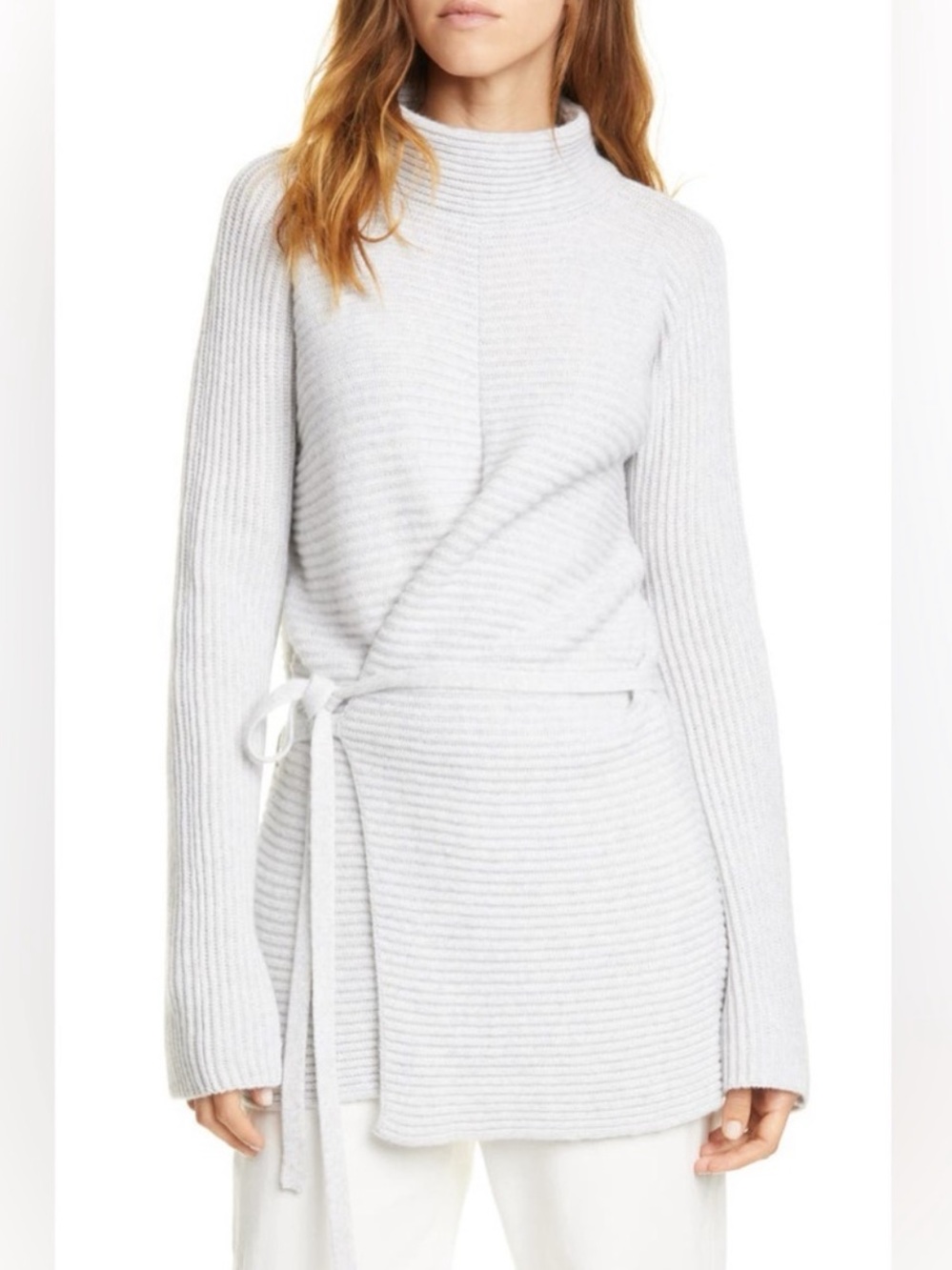 VINCE Wool Cashmere Tie Front Wrap Ribbed Funnel Neck Tunic Sweater, Medium